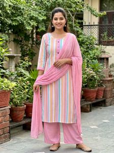 BranNew KhadiCotton Striped KurtaSet with Pants