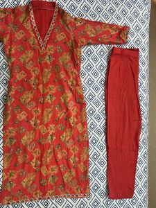 Beautiful Red Printed Kurta with Pants