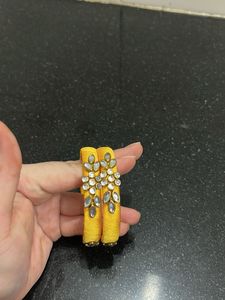 Yellow Silk Thread Bangles with Stones