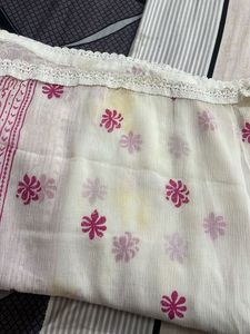 White Kurta with Pink Floral Print and Dupatta