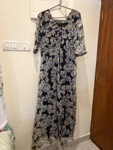 Floral Print Maxi Dress with Embellished Neckline