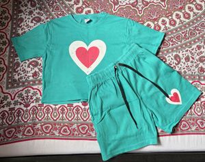 Heart Print Teal T-Shirt &amp; Shorts Set