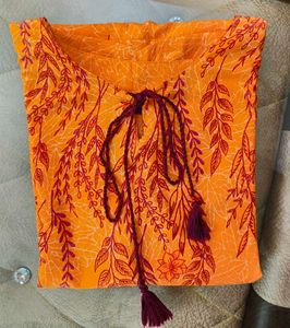 Orange Printed Viscose Rayon Straight Kurta
