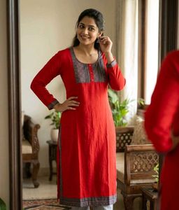 Vibrant Red Kurta with Intricate Neckline