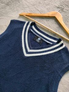 Blue V-Neck Striped Sleeveless Sweater Vest