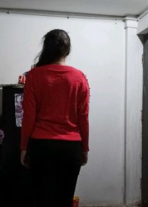 Red Cold Shoulder Sweater with Studs