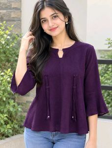 Purple Bell Sleeve Top with Tie Detail