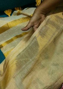 Elegant Linen Golden Saree with Tassels