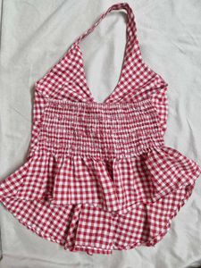 Red Gingham Halter Neck Peplum Top