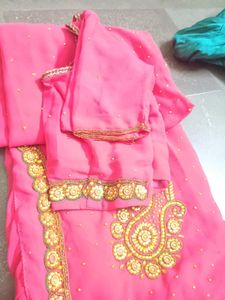 Beautiful Pink stone work saree with stitched blou