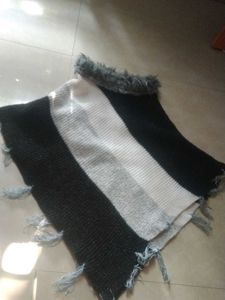 Striped Poncho with Faux Fur Trim