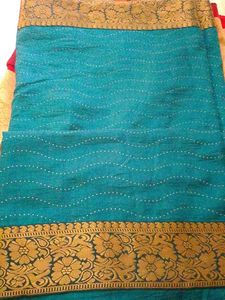 Teal Saree with Golden Border