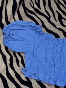 Blue Smocked Off-Shoulder Puff Sleeve Top