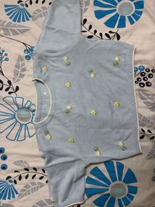 Light Blue Floral Embroidered Crop Top