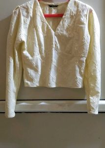 Pale Yellow Textured Puff Sleeve Crop Top