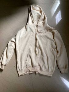 Cream Zip-Up Hoodie with Pocket Detail