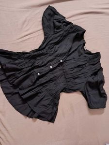 Chic Black Crinkled Button-Up Top