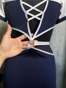 Navy Blue &amp; White Cut-out Top