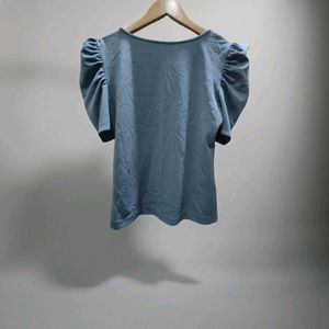 Blue Puff Sleeve Square Neck Top