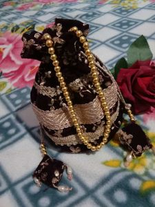 Elegant Brown &amp; Gold Drawstring velvet potli
