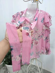 Chic Pink Floral Ruffle Blouse