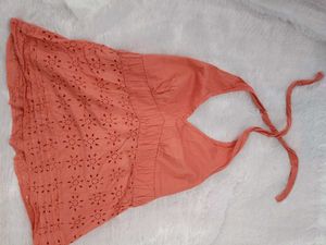 Chic Coral Eyelet Halter Top