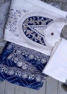 Embroidered White Kurta with Blue Dupatta Set