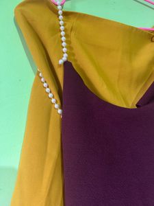 Maroon Crop Top with Pearl Straps and yellow mini