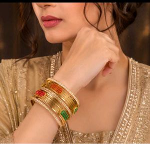 Exquisite Gold Bangles with Red & Green Stones