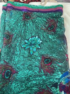 Green Peacock Print Saree