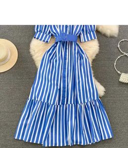 Blue &amp; White Striped Shirt Dress with Belt