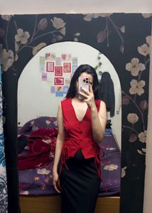 Red Sleeveless Top with Tie Details