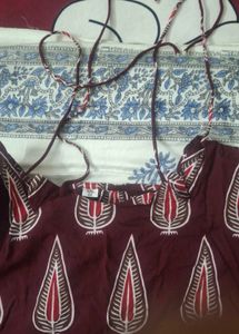 Maroon Printed Cotton Kurta tie neck