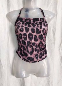 I. Leopard Print Halter Neck Crop Top