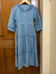 Blue Tiered Midi Dress with Ruffle Collar