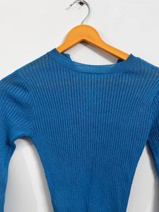 mango Blue Ribbed Long Sleeve Top