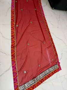 Red Embroidered saree with Mirror Work