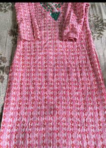 Pink Printed Kurta with Embellished Neckline