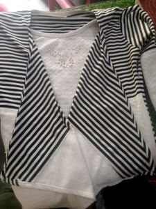 Combo Striped Overlay Top with Embellished Necklin
