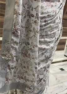 Saree With Grey Silver Tone And Stitched Blouse