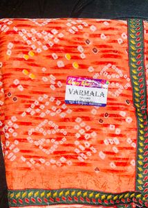 Orange Bandhani Print Saree with Lace Border