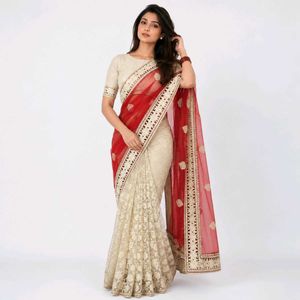 Elegant Red & Cream Net Saree