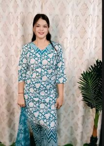 Turquoise Floral Print Kurti Set with dupatta