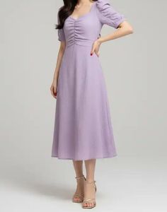 Chic Purple Puff Sleeve Midi Dress