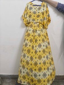 Yellow Printed Cape Maxi Dress