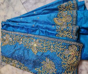 golden Dimond work light blue color Saree
