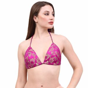 Vibrant Pink Brocade Halter Blouse
