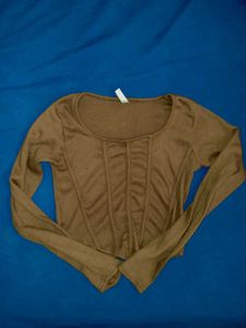 Brown Corset Style Long Sleeve Top