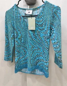 H&amp;M Blue Floral Print Lace Trim Top - XS/S