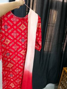 Red Bandhani Style Kurti - Skirt Set.